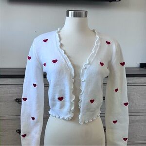White Cropped Cardigan with Red Heart Embroidery
